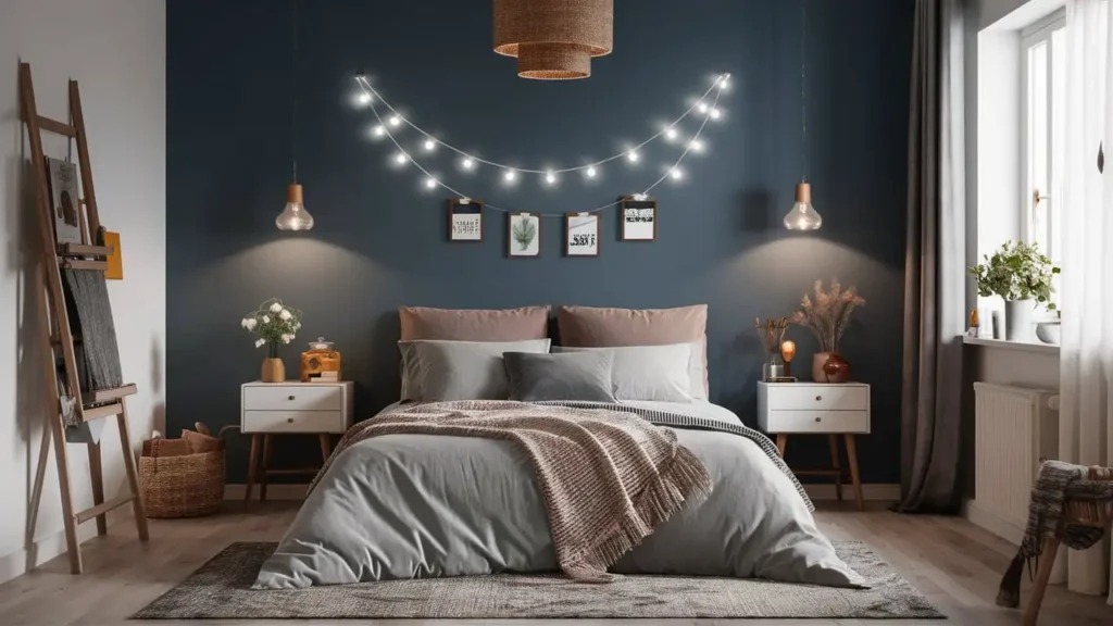 bedroom with a combination of overhead lighting, bedside lamps, and string lights