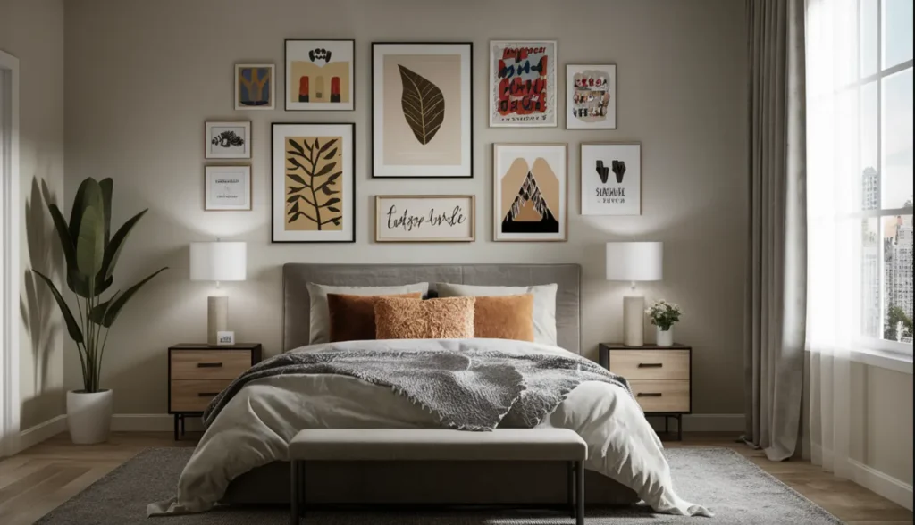 bedroom with a gallery wall of different sized artwork